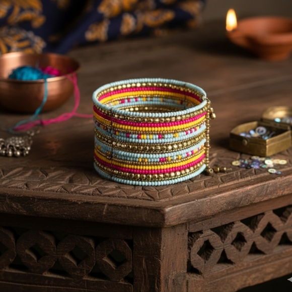 ποΈIndian Artisanal Beaded Boho Chic Cuff Bracelet | Pastel & Brass Statement πΌ - Picture 7 of 14